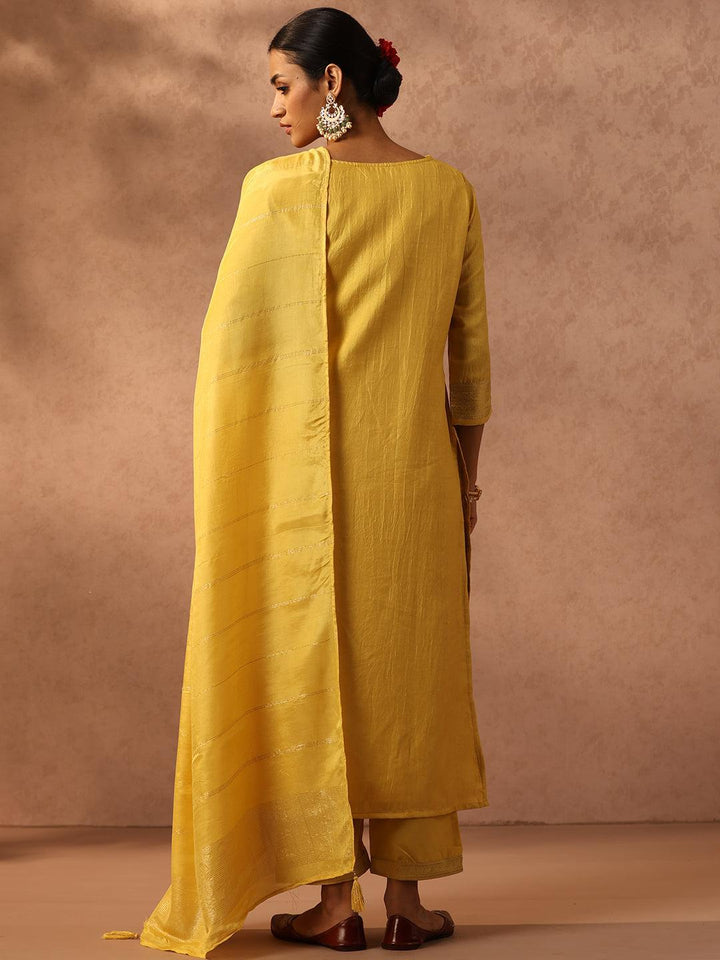 Yellow Embroidered Silk Blend Suit Set With Trousers