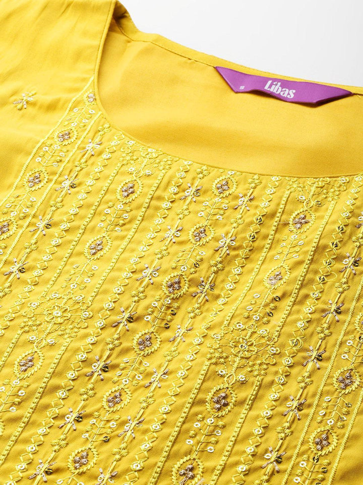 Yellow Embroidered Silk Blend Straight Kurta With Trousers & Dupatta