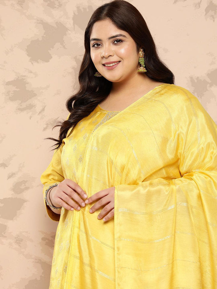 Yellow Embroidered Silk Blend Straight Kurta With Trousers and Dupatta