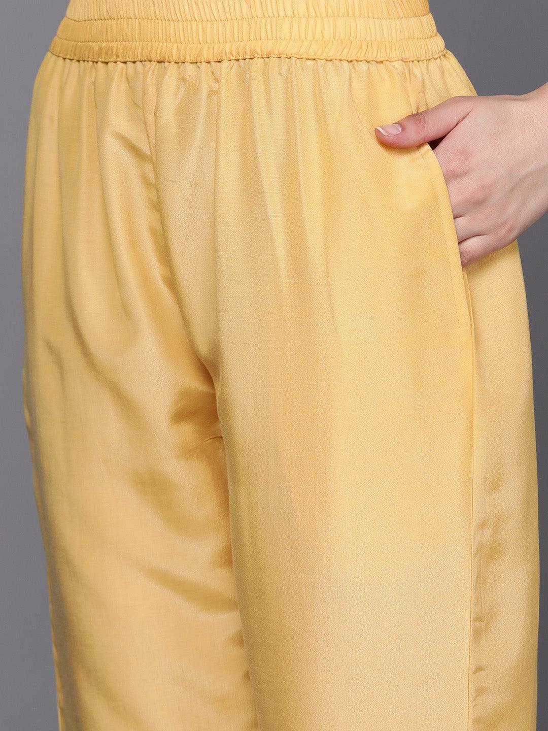 Yellow Embroidered Silk Blend Suit Set With Trousers - ShopLibas