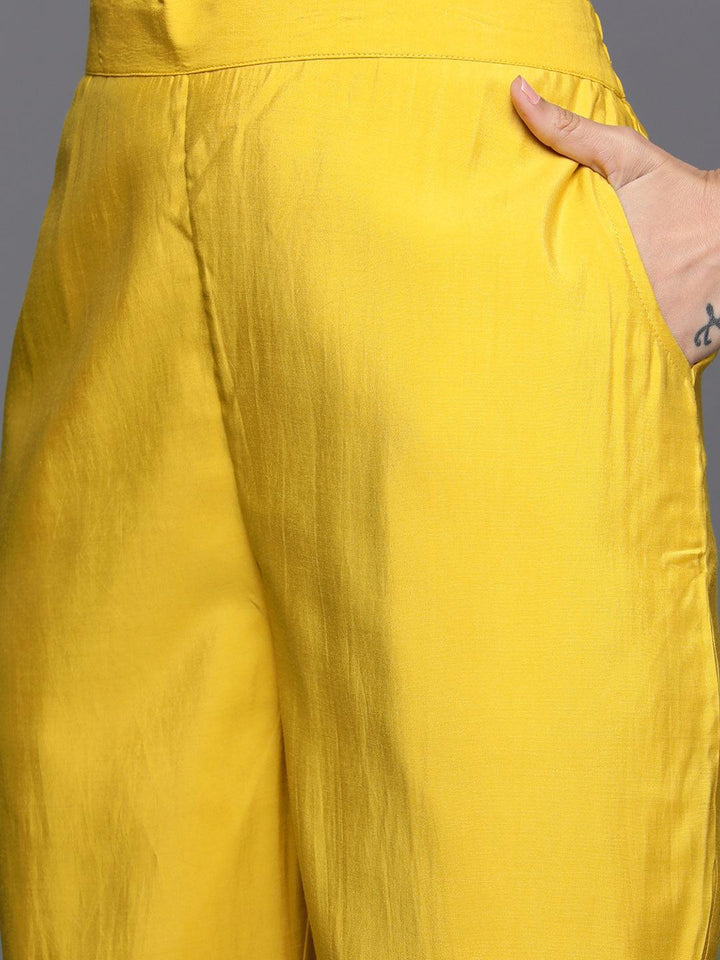 Yellow Embroidered Silk Blend Straight Kurta With Trousers & Dupatta