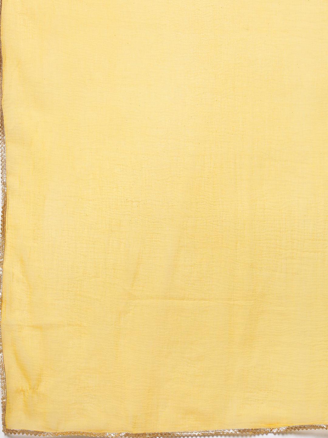 Yellow Embroidered Silk Blend Straight Kurta With Trousers & Dupatta - Libas