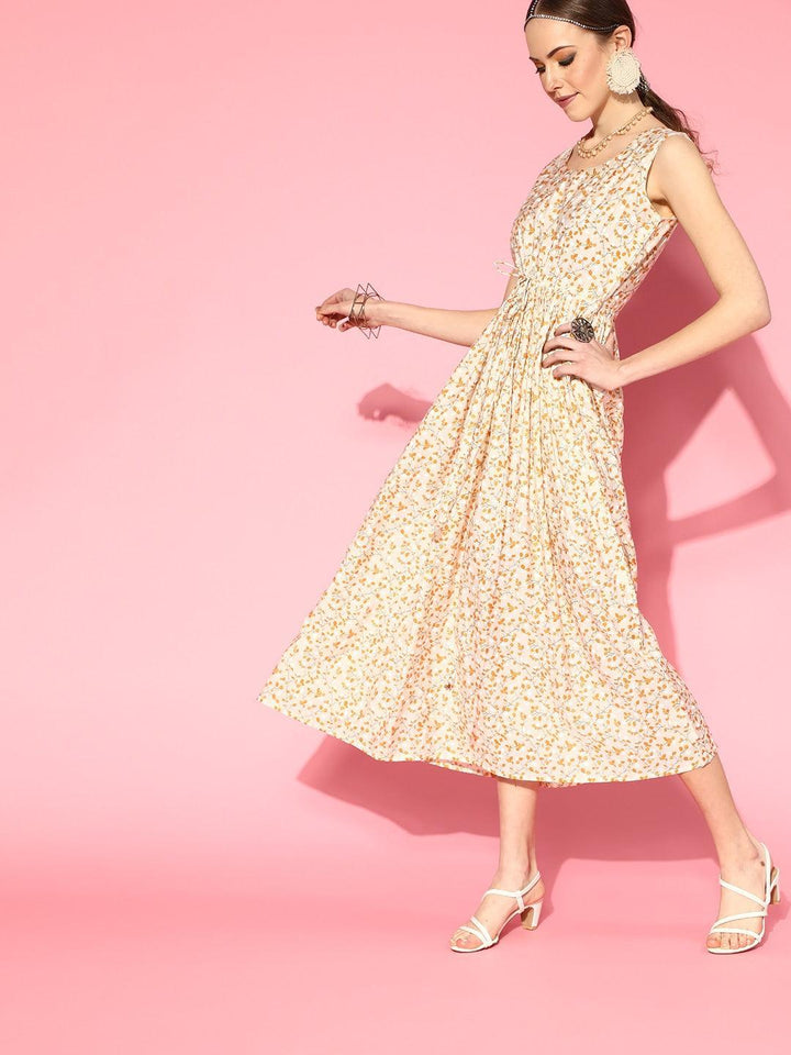 Yellow Printed Chanderi Silk Dress