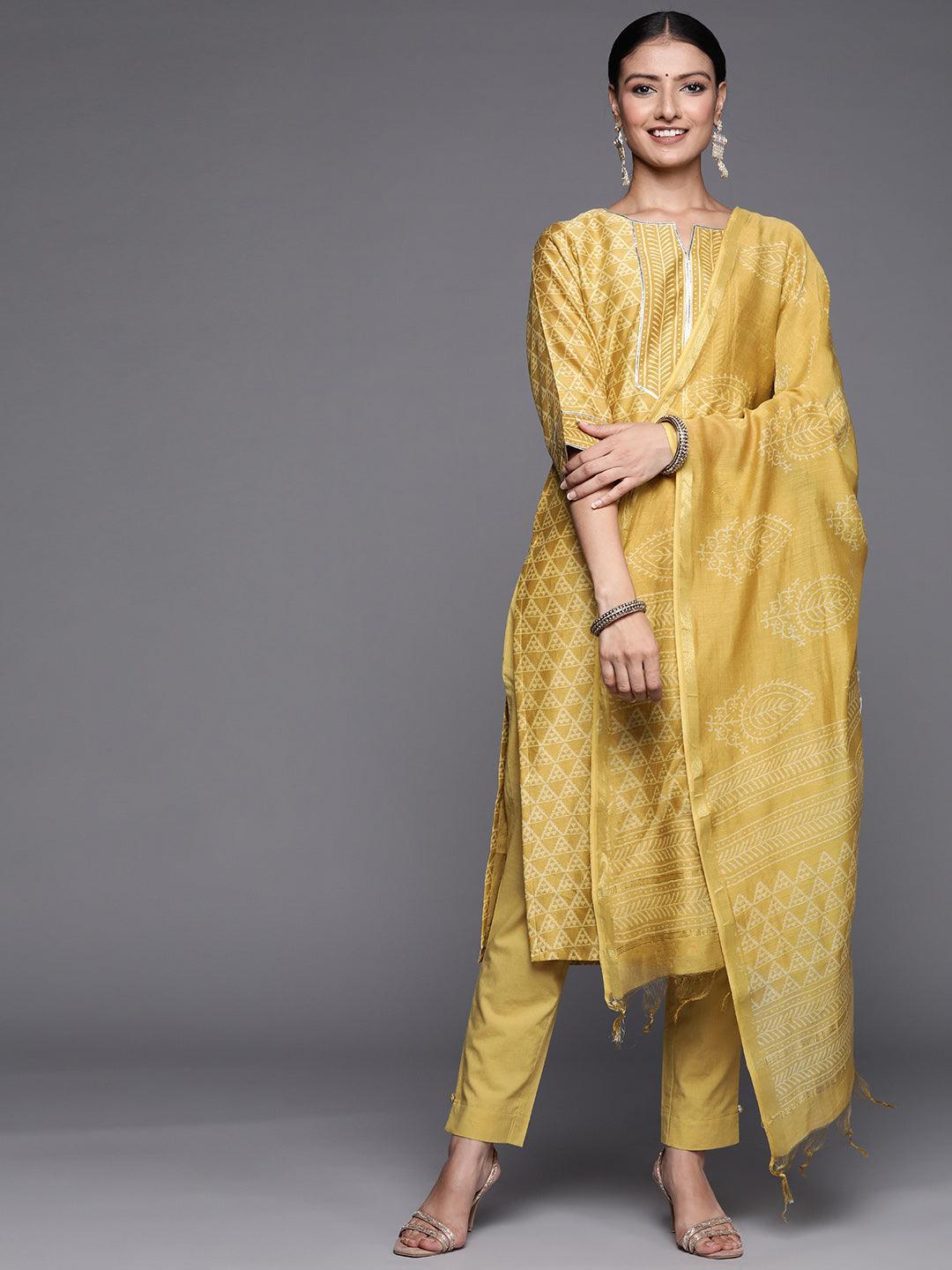Yellow Printed Chanderi Silk Straight Suit Set - ShopLibas