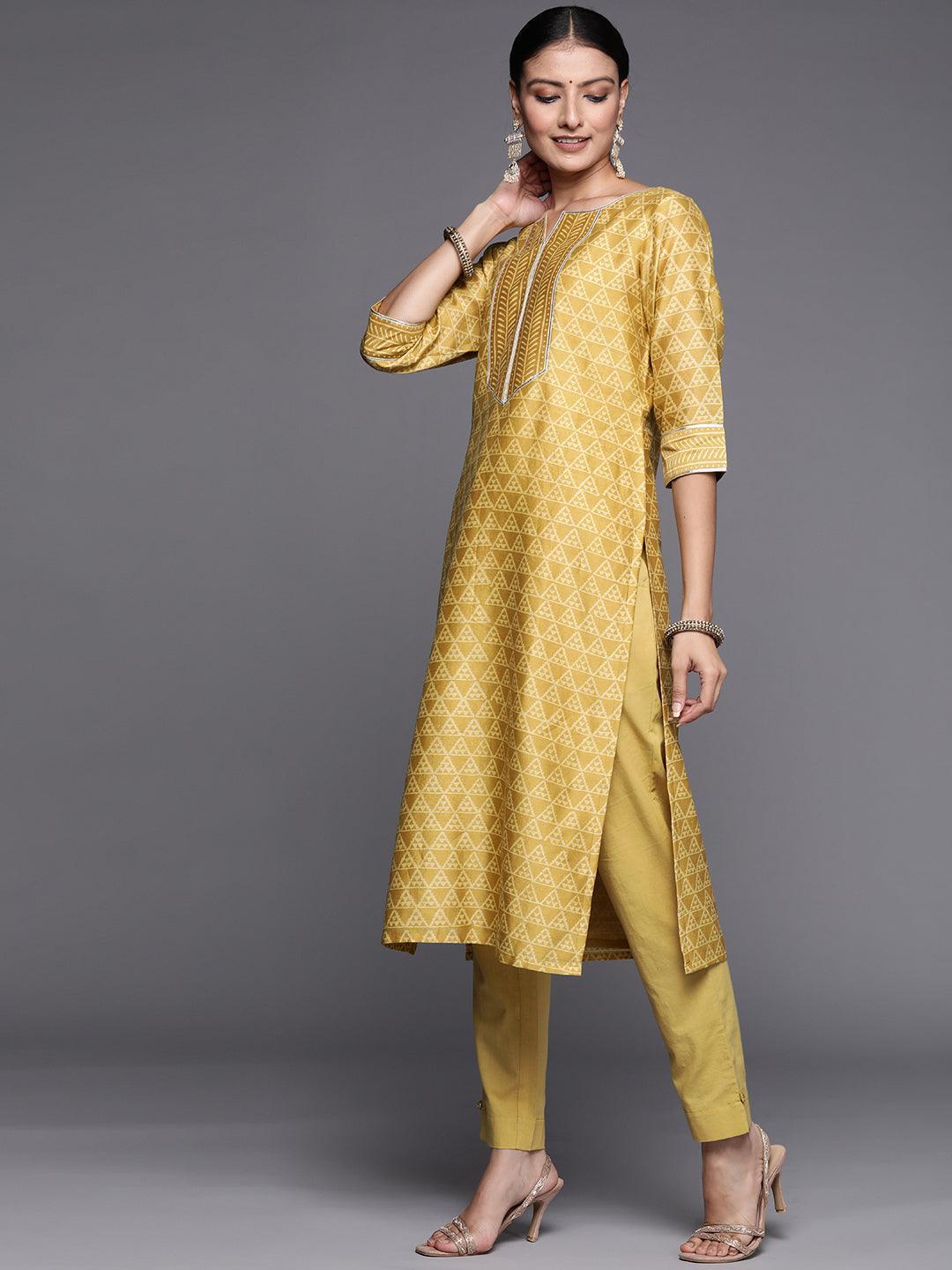 Yellow Printed Chanderi Silk Straight Suit Set - ShopLibas