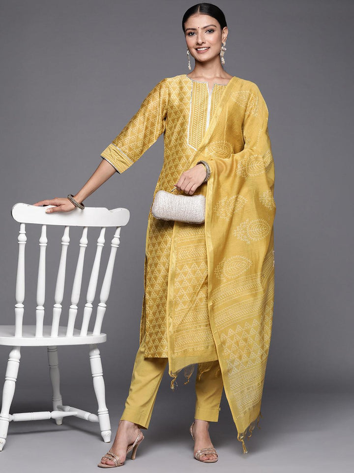 Yellow Printed Chanderi Silk Straight Suit Set