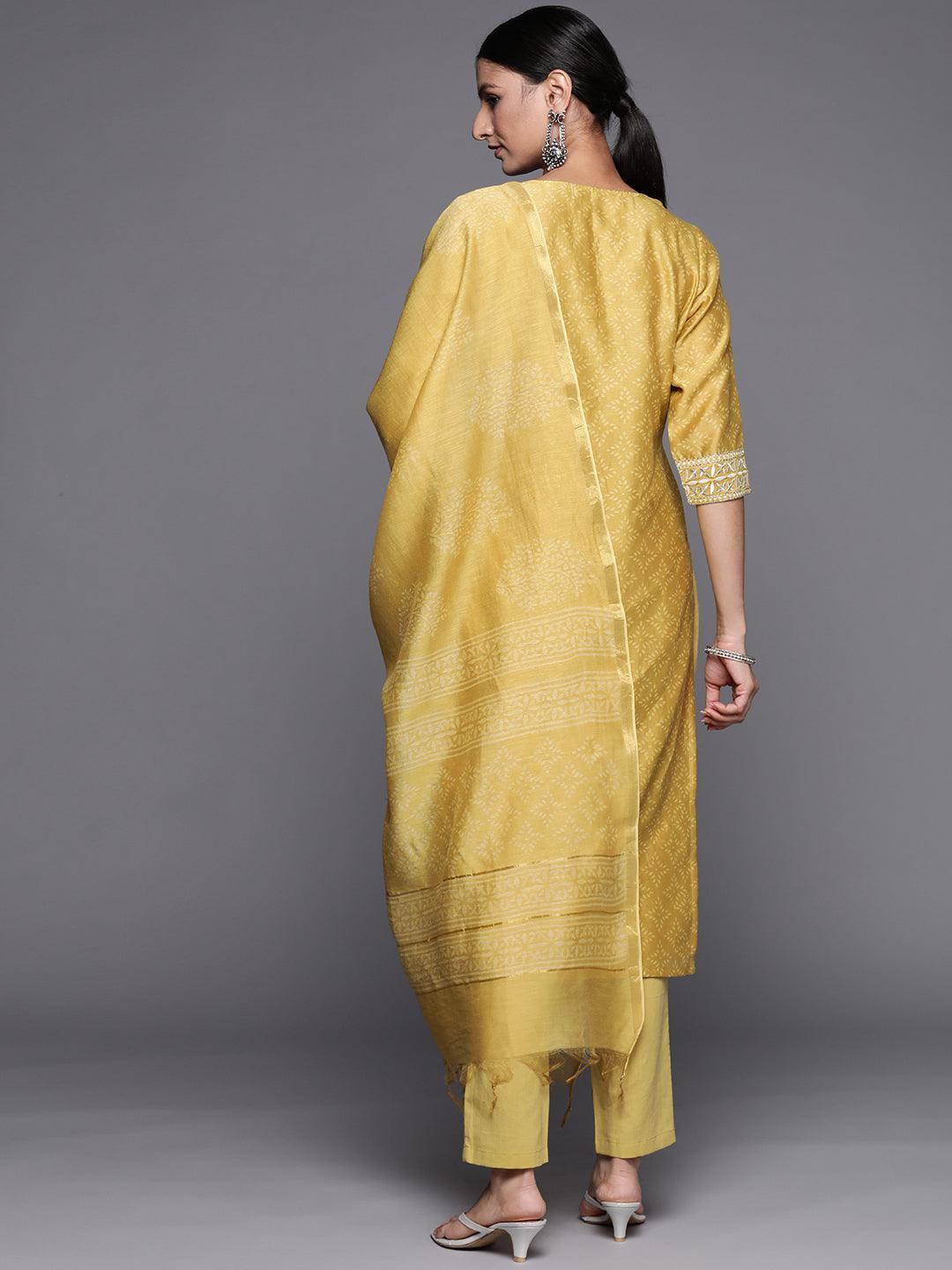 Yellow Printed Chanderi Silk Straight Suit Set - ShopLibas