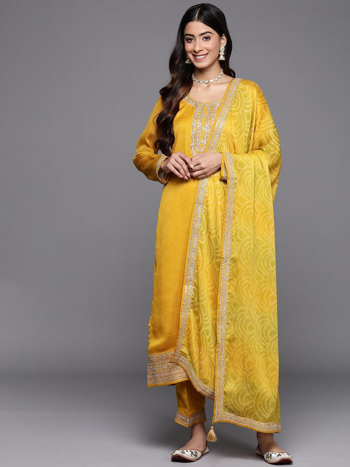 Yellow Printed Chiffon Straight Suit Set With Trousers