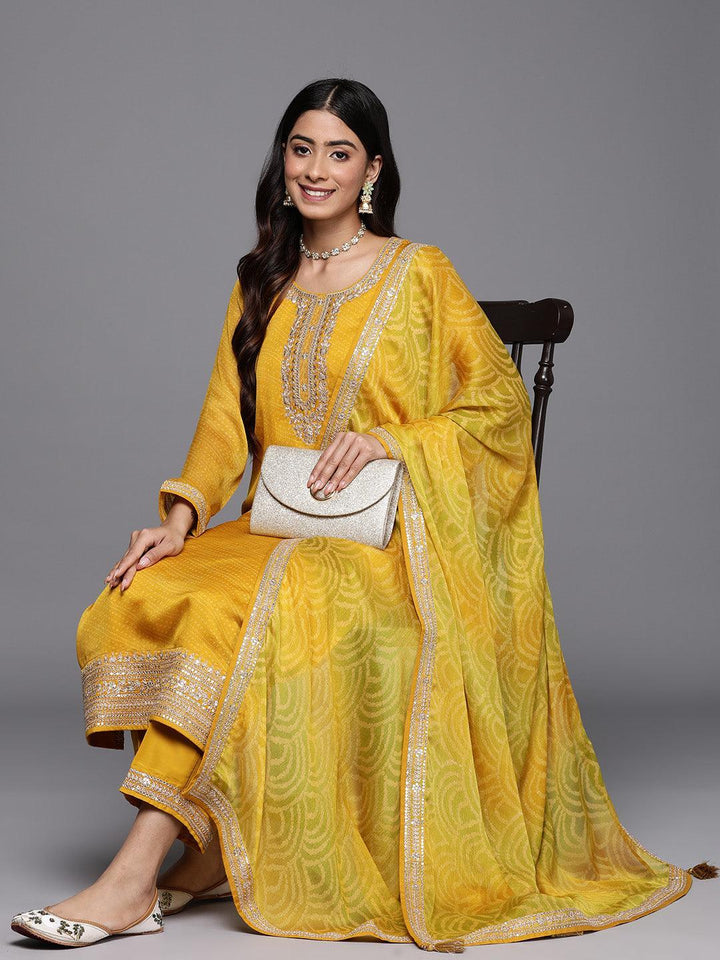 Yellow Printed Chiffon Straight Suit Set With Trousers