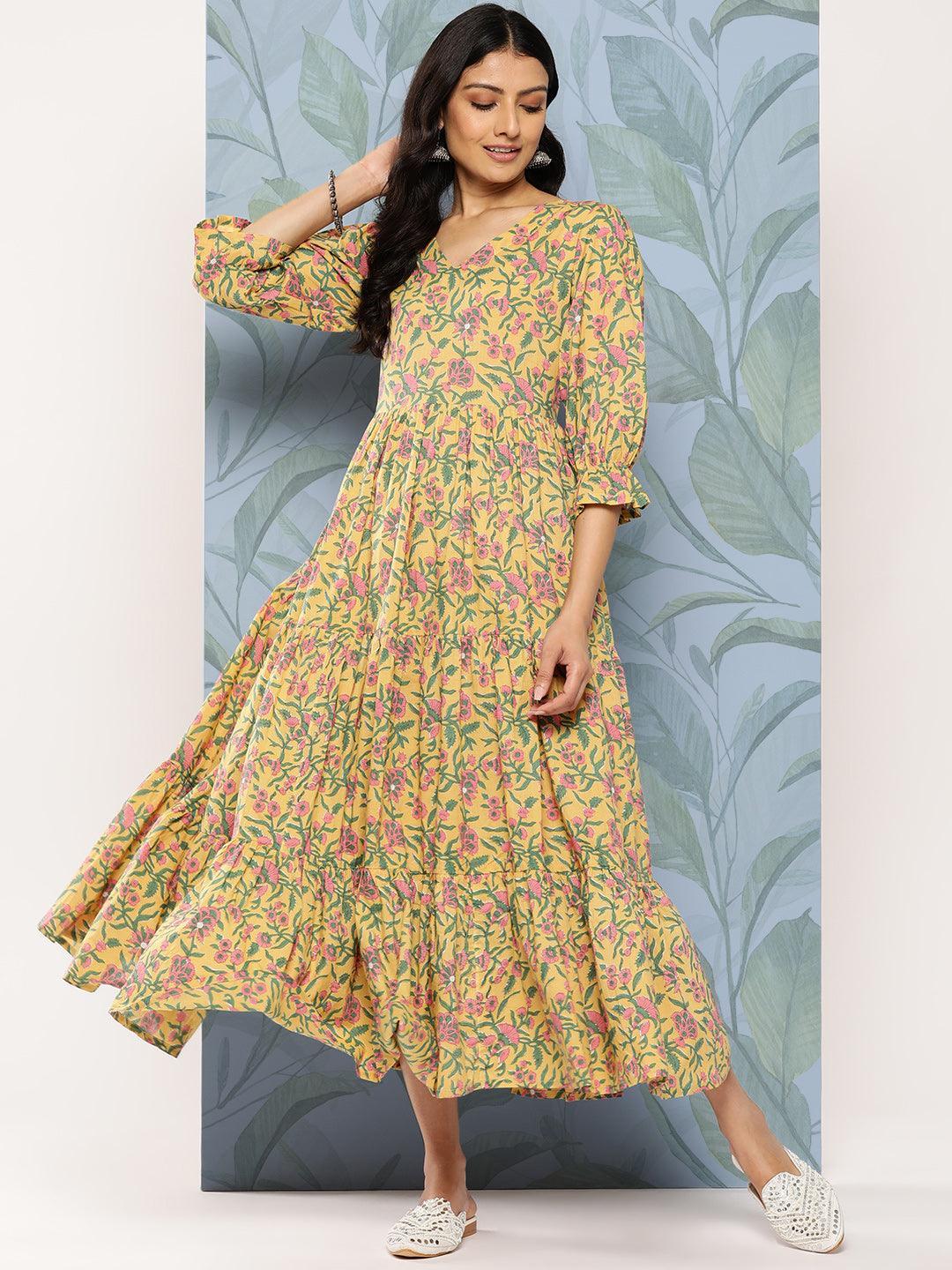 Buy Yellow Printed Cotton Fit and Flare Dress Online at $22.00 | Libas