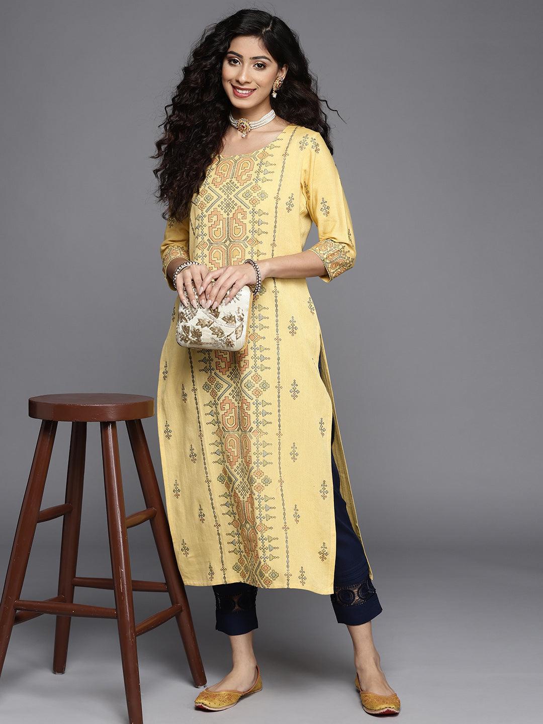 Yellow Printed Cotton Kurta - ShopLibas