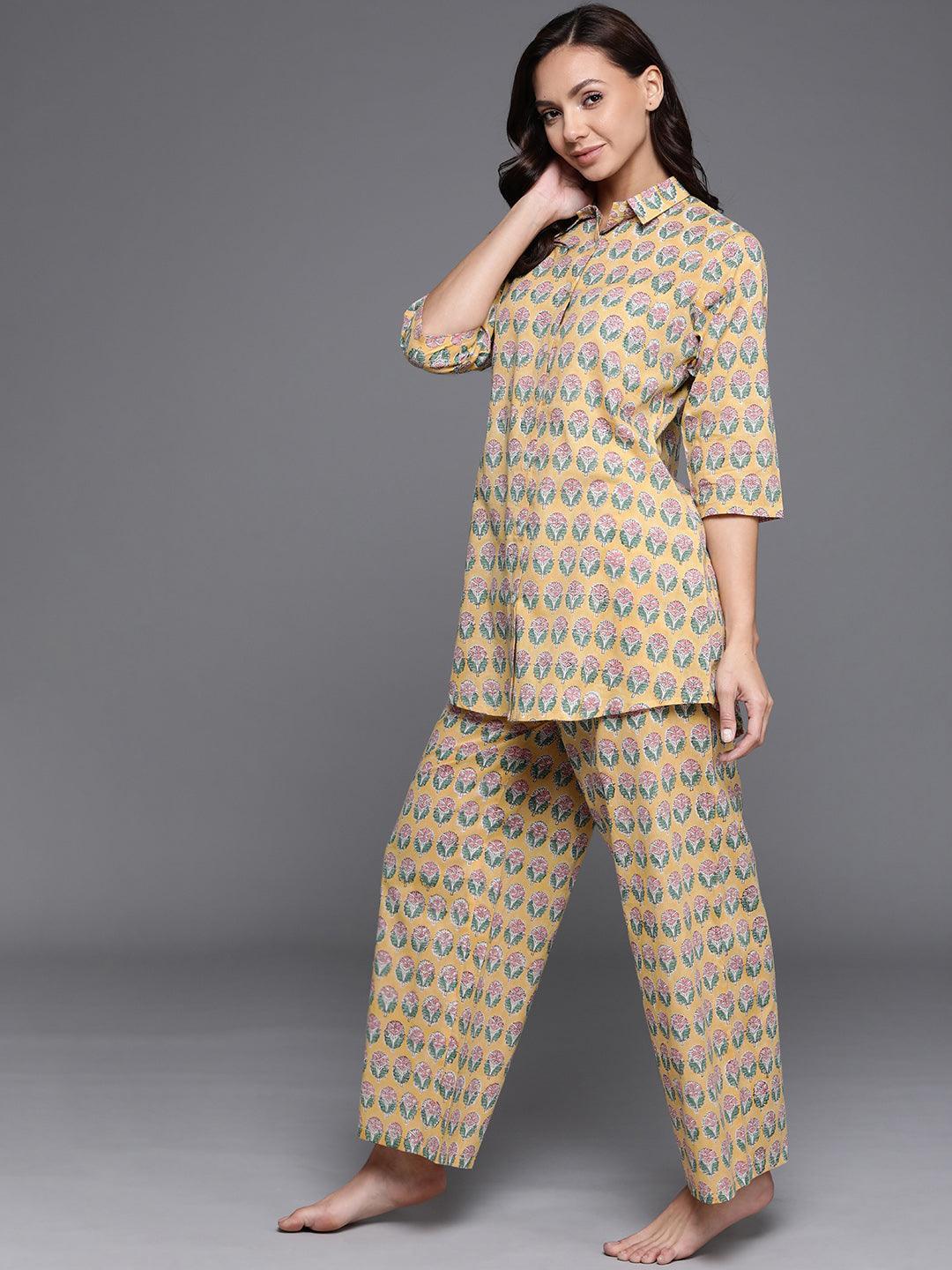 Yellow Printed Cotton Night Suit - ShopLibas