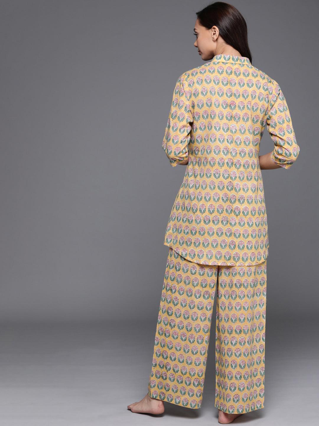 Yellow Printed Cotton Night Suit - ShopLibas