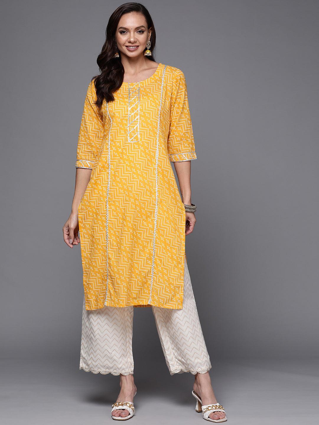 Yellow Printed Cotton Straight Kurta - ShopLibas