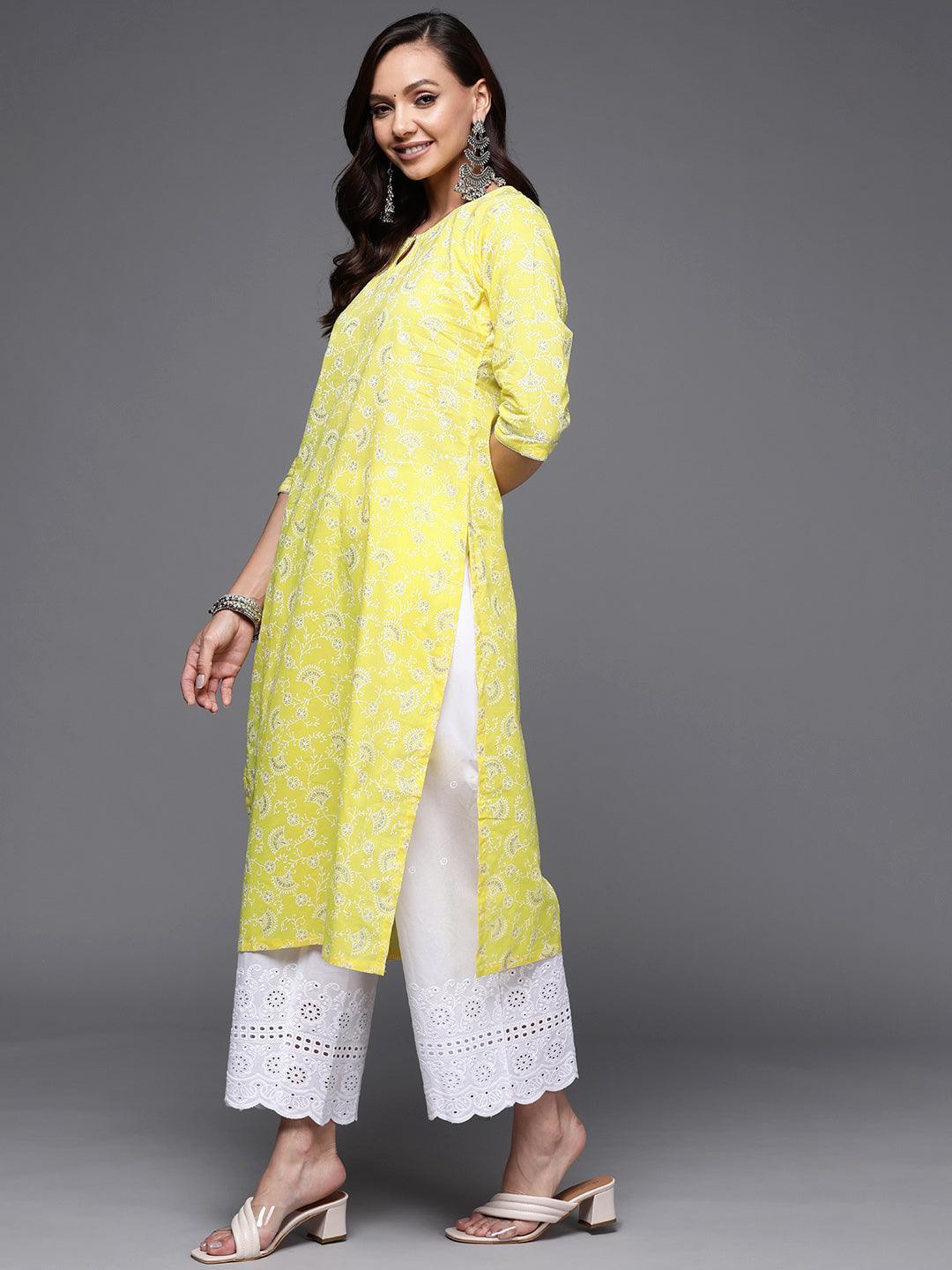 Yellow Printed Cotton Straight Kurta - ShopLibas
