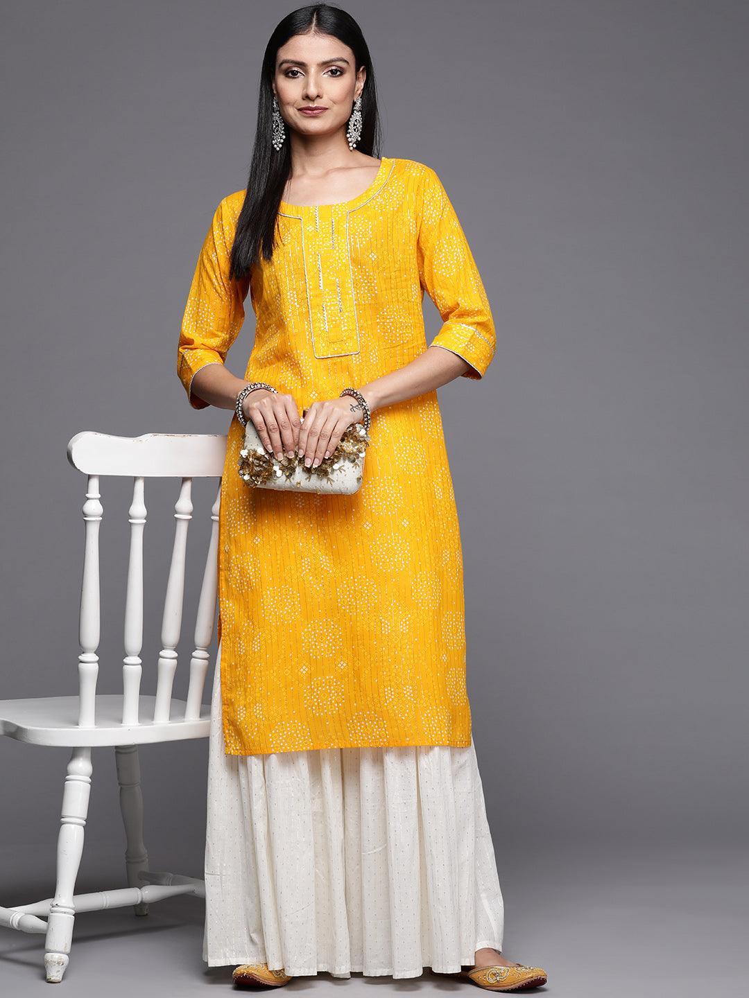 Yellow Printed Cotton Straight Kurta - Libas