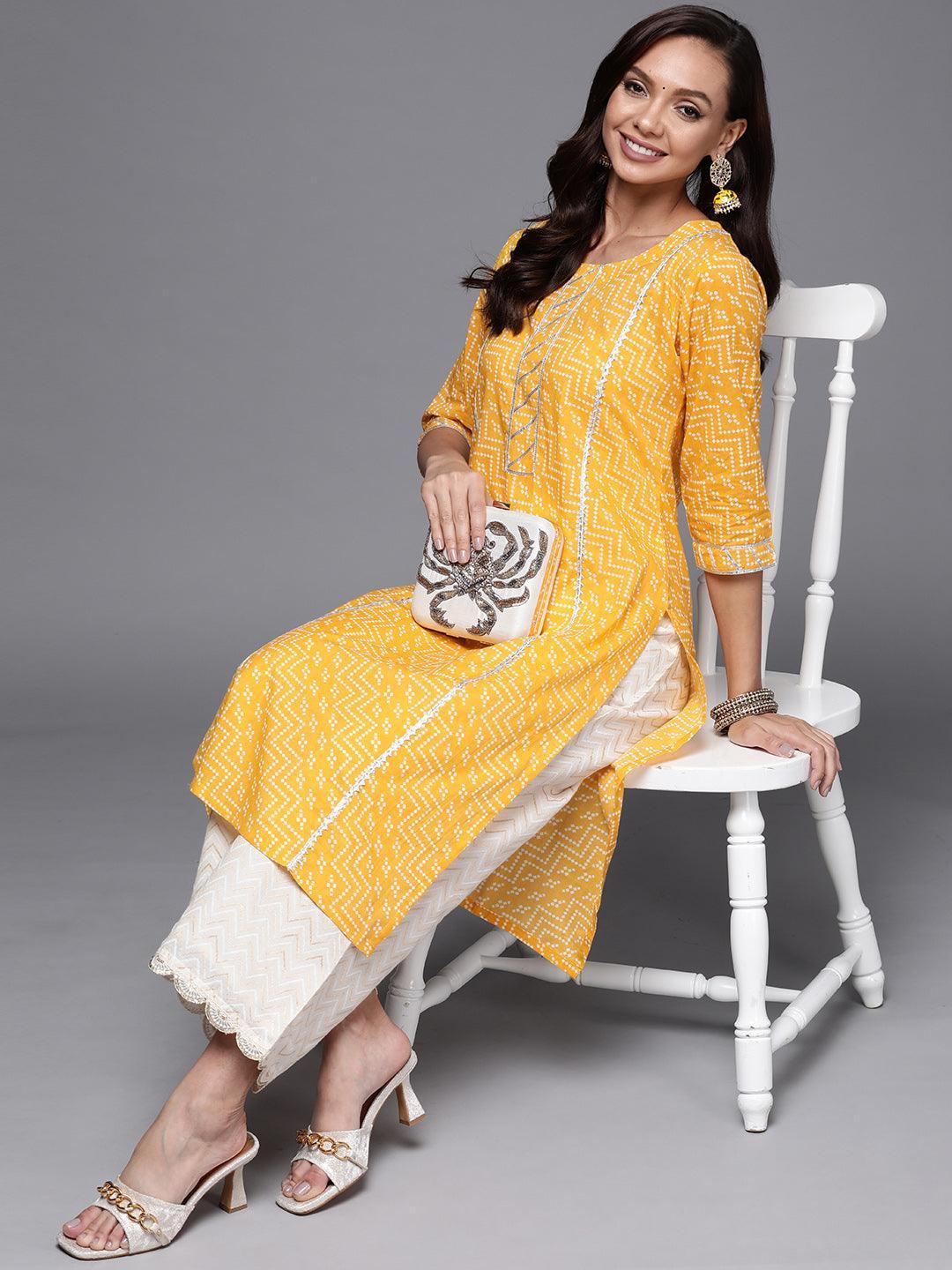 Yellow Printed Cotton Straight Kurta - ShopLibas