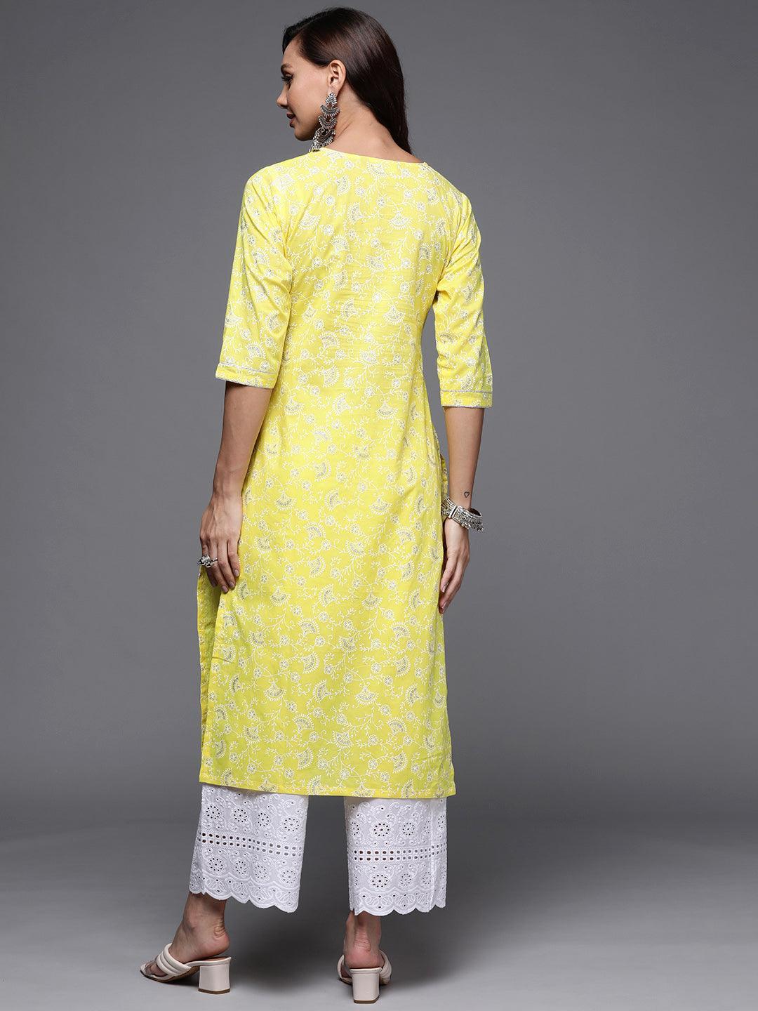 Yellow Printed Cotton Straight Kurta - ShopLibas