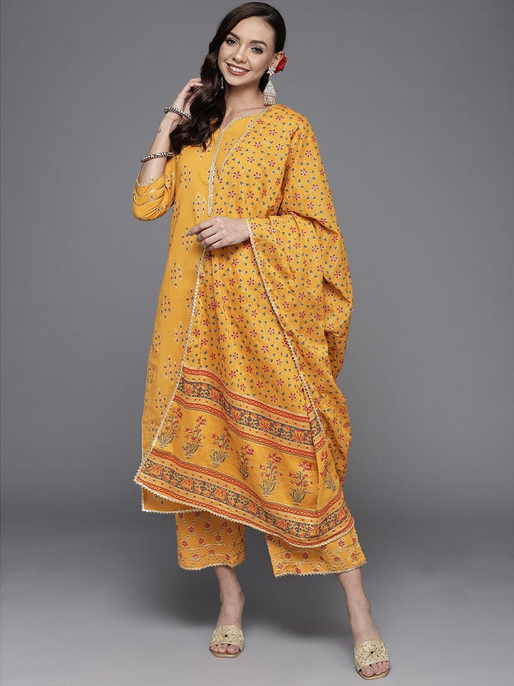 Yellow Printed Cotton Straight Suit Set