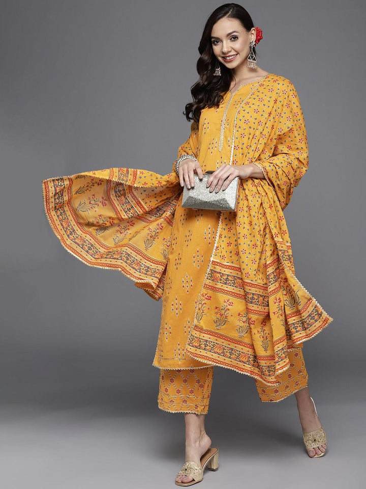 Yellow Printed Cotton Straight Suit Set