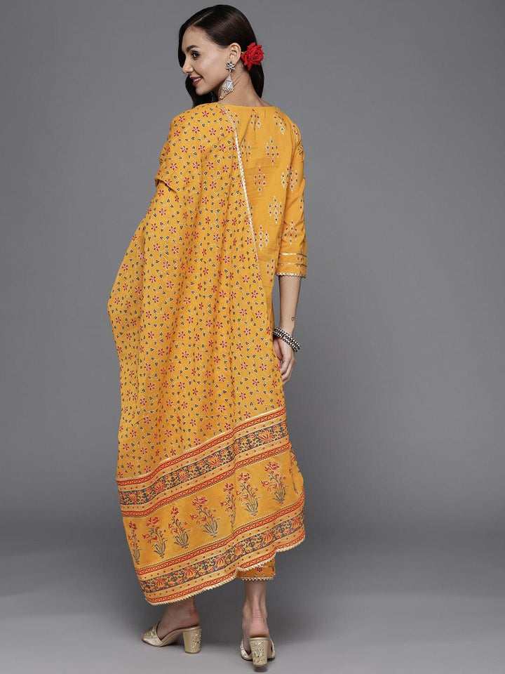 Yellow Printed Cotton Straight Suit Set