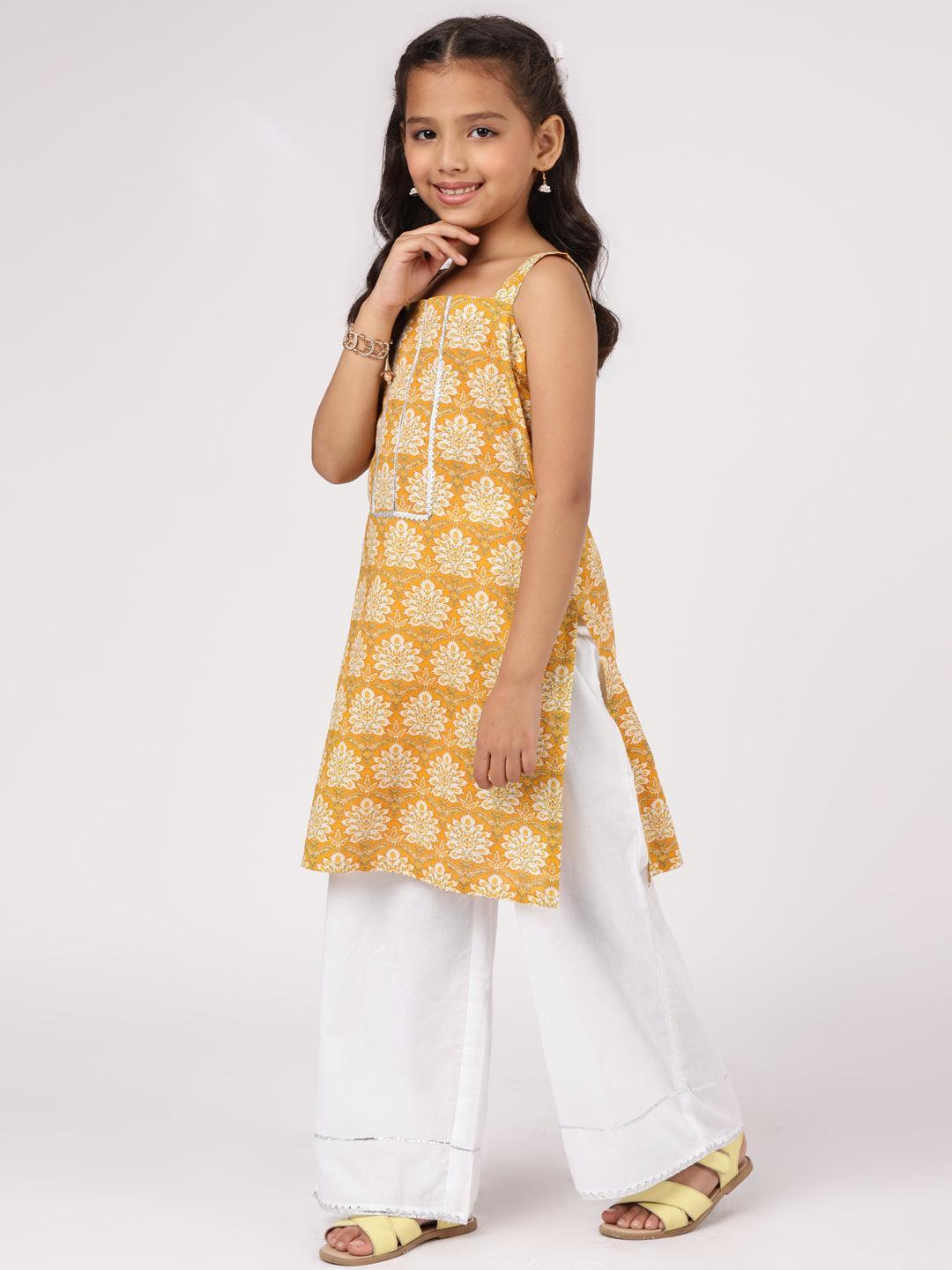 Yellow Printed Cotton Straight Kurta Set - ShopLibas