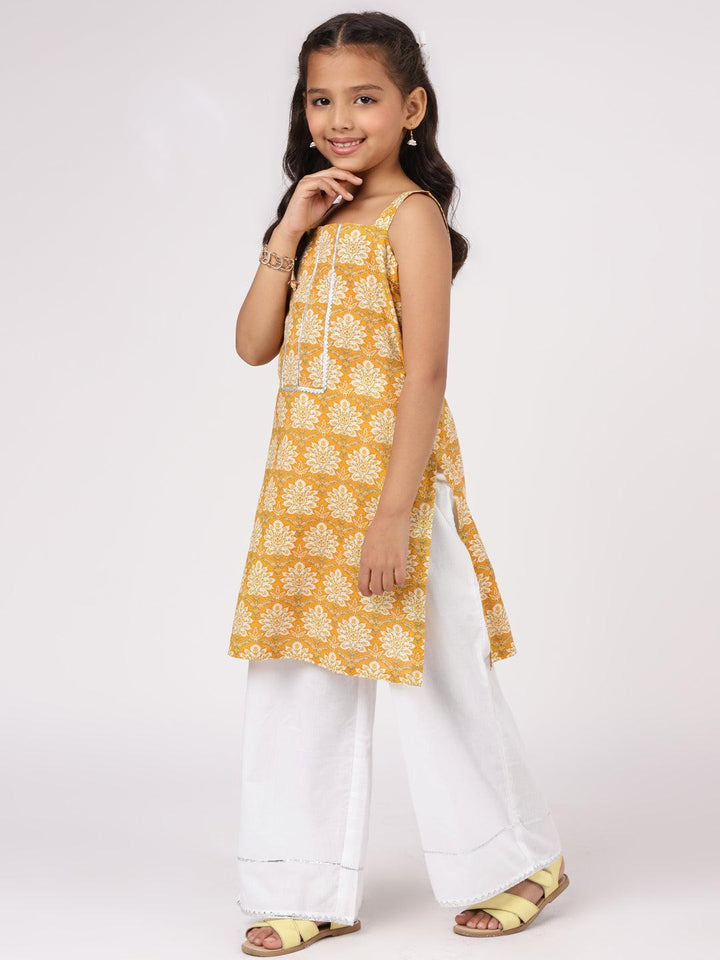 Kids Yellow Printed Cotton Straight Kurta Set