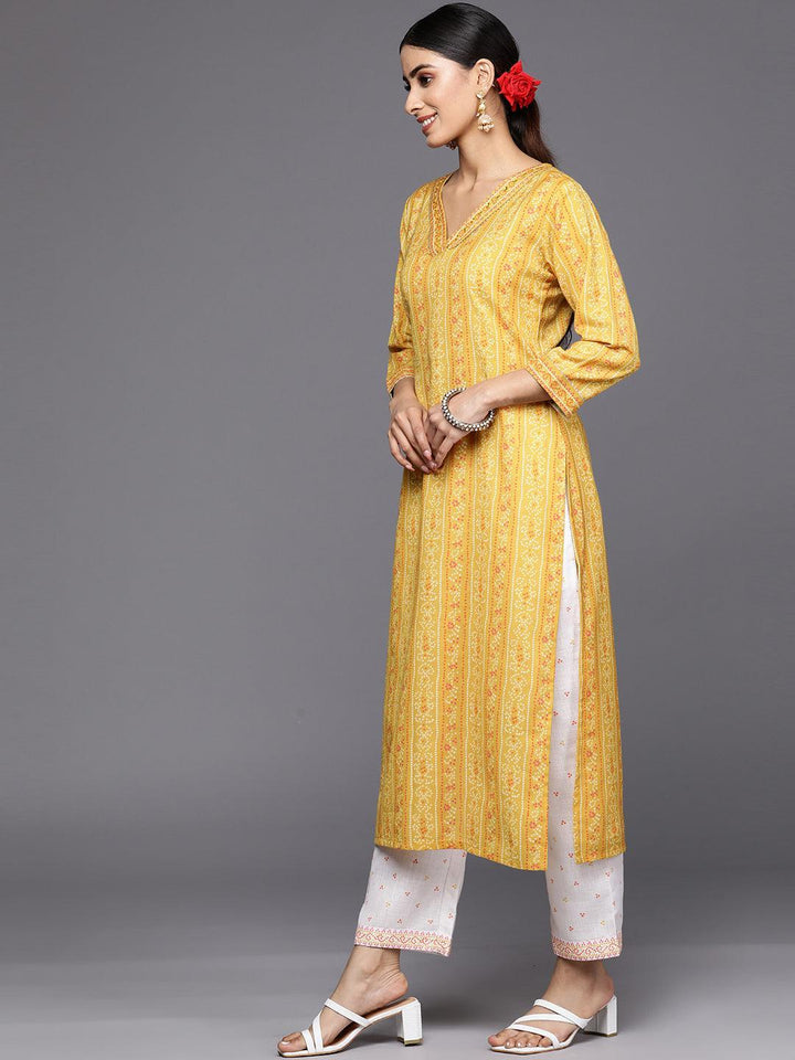 Yellow Printed Cotton Straight Kurta Set With Trousers