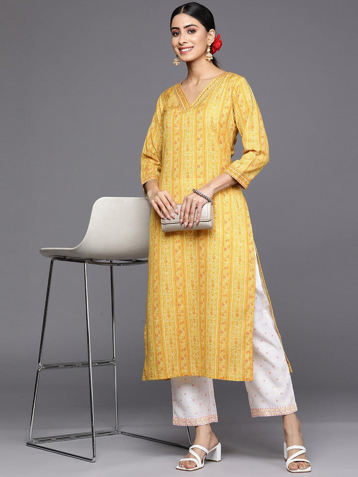 Yellow Printed Cotton Straight Kurta Set With Trousers