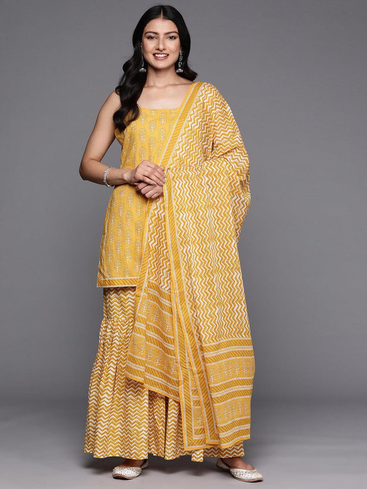 Yellow Printed Cotton Straight Suit Set With Sharara
