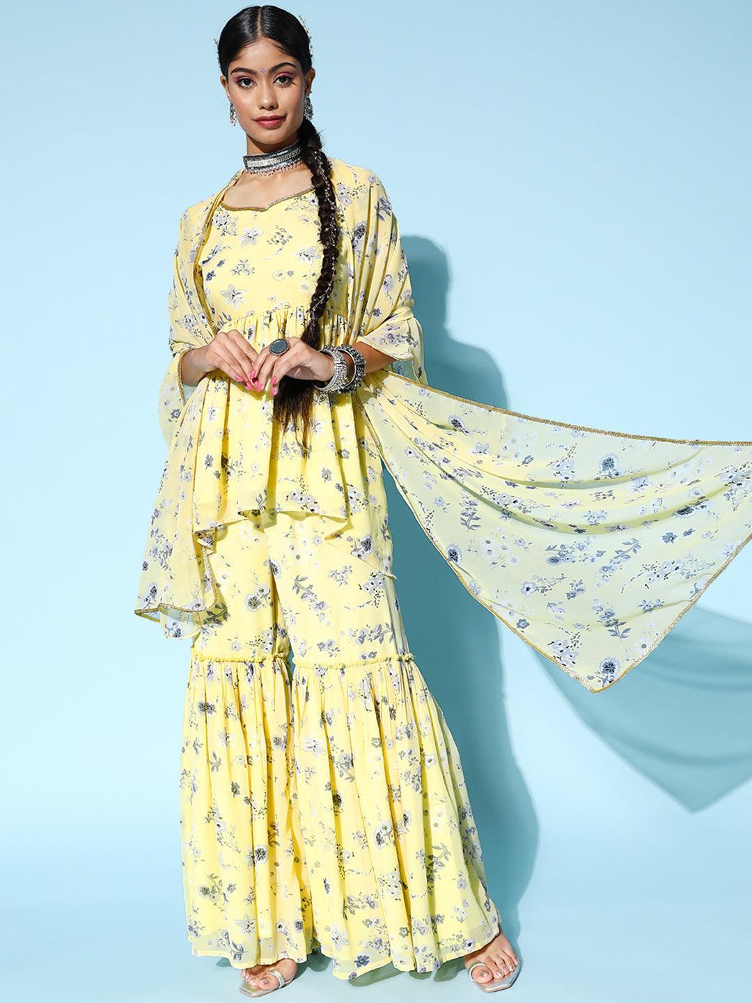 Yellow Printed Georgette A-Line Suit Set - ShopLibas