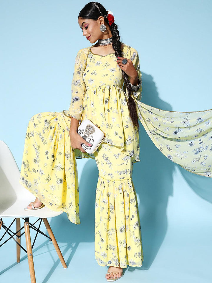 Yellow Printed Georgette A-Line Suit Set