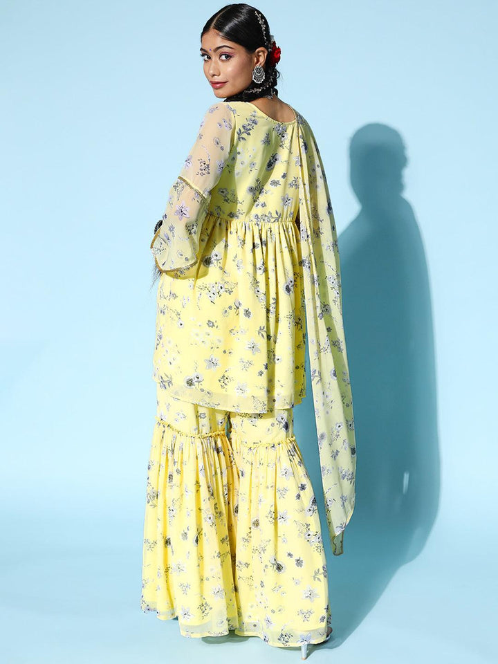 Yellow Printed Georgette A-Line Suit Set