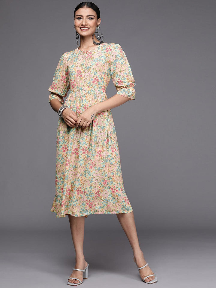 Yellow Printed Georgette Fit and Flared Dress