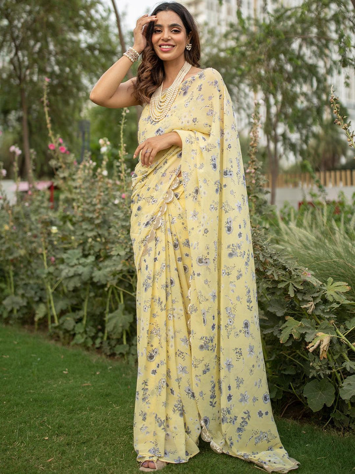 Yellow Printed Georgette Saree