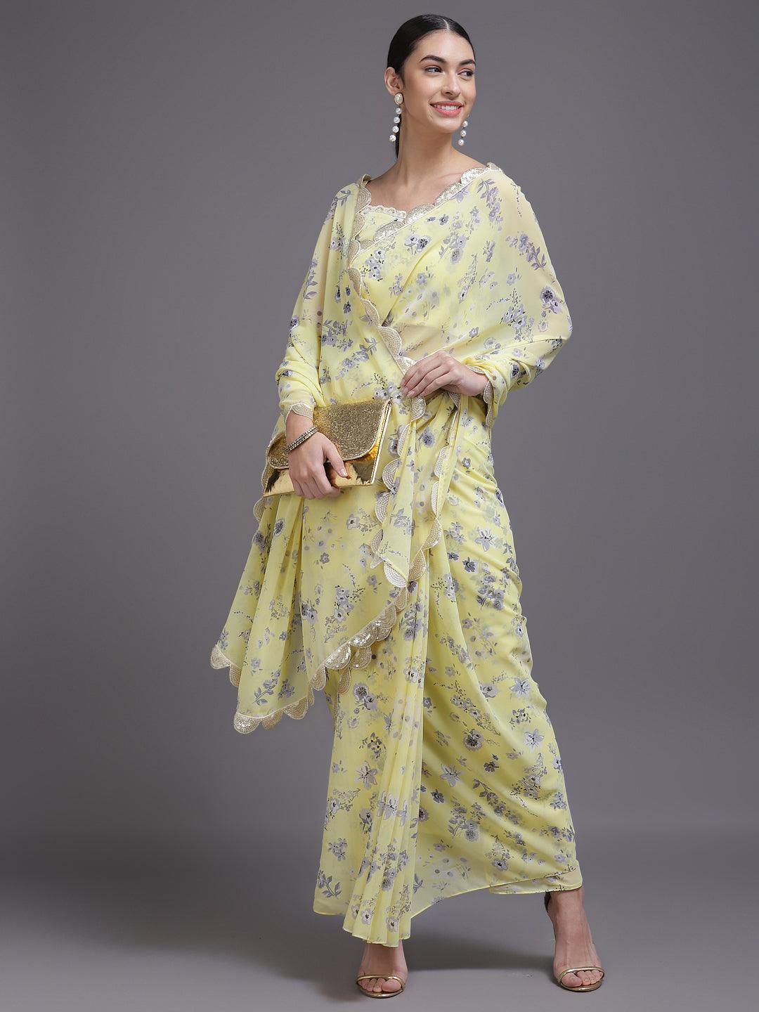 Yellow Printed Georgette Saree - ShopLibas