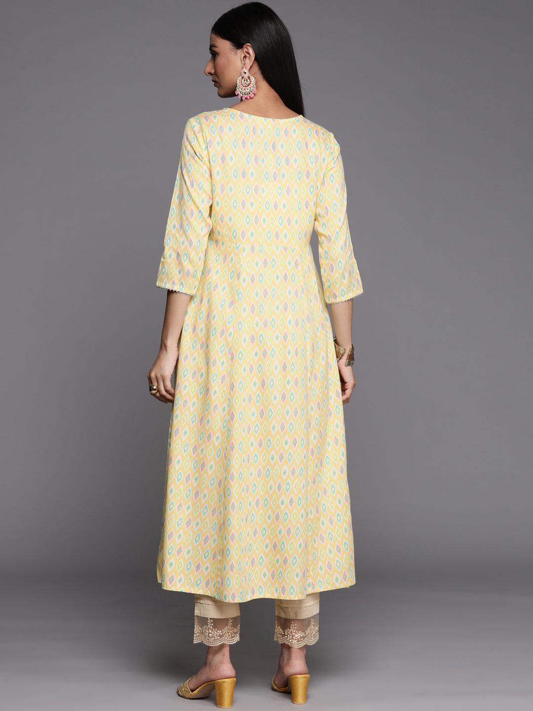 Yellow Printed Rayon A-Line Kurta - ShopLibas