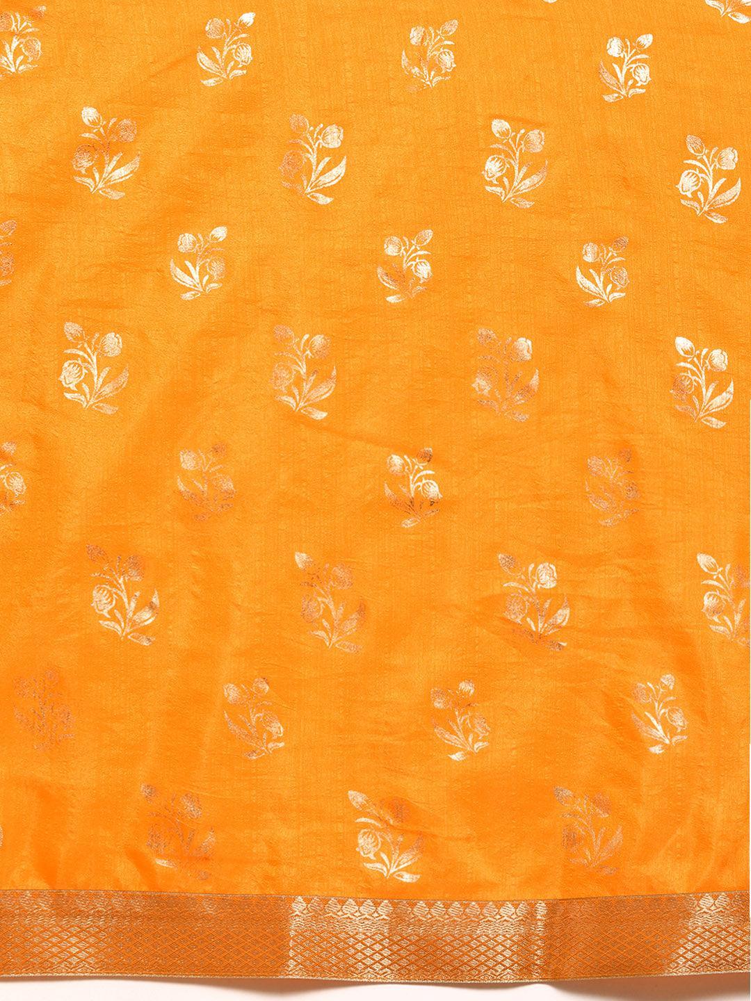 Yellow Printed Silk Blend Saree - Libas