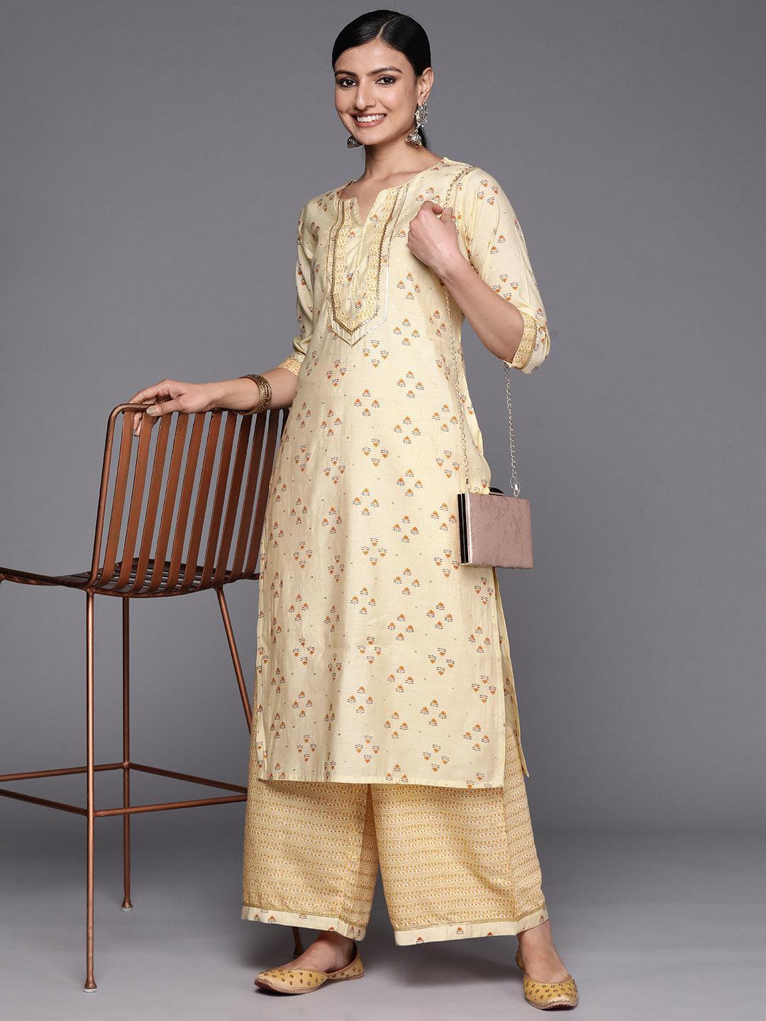 Yellow Printed Silk Blend Straight Kurta Set With Palazzos - ShopLibas