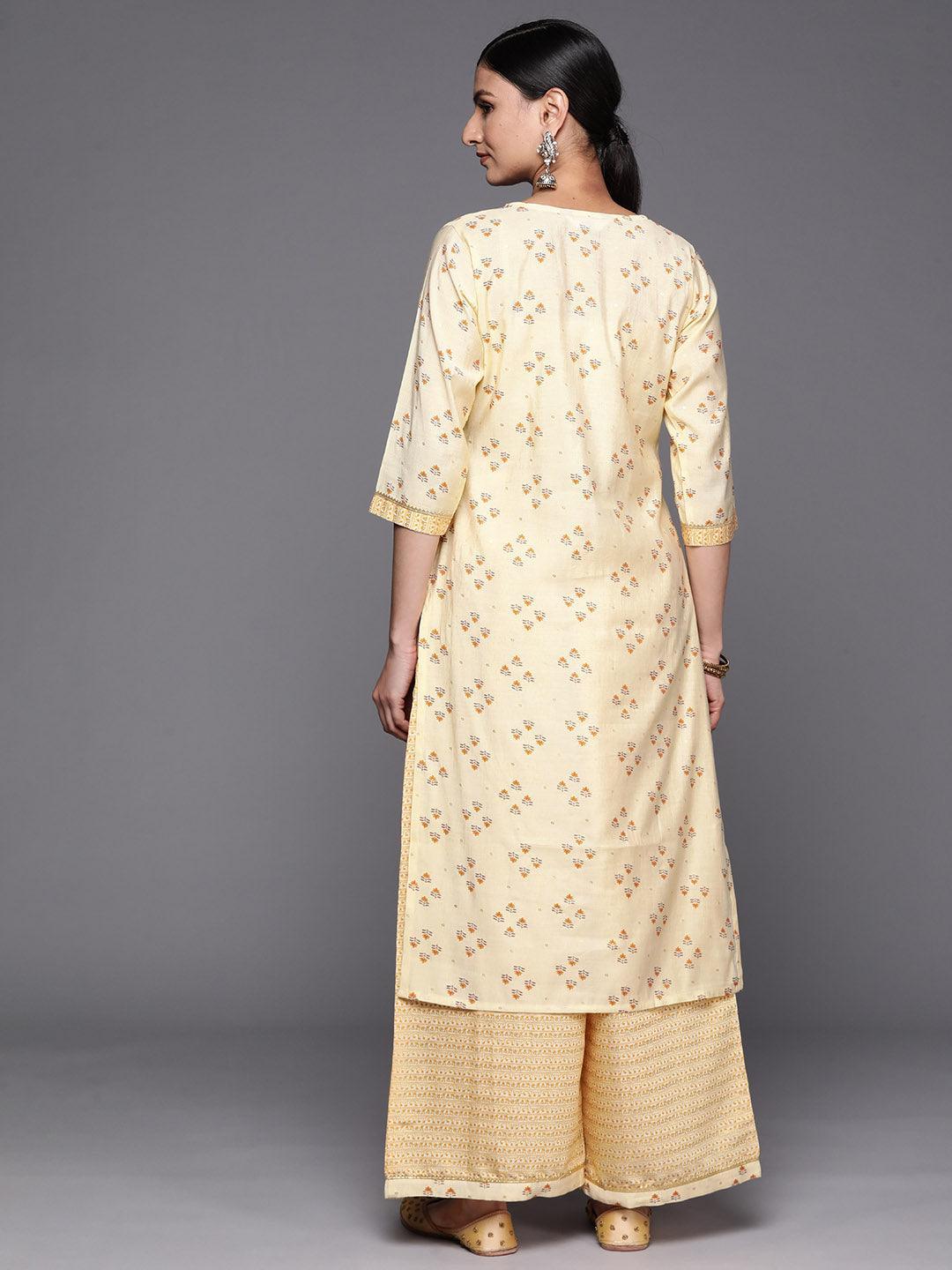Yellow Printed Silk Blend Straight Kurta Set With Palazzos - ShopLibas