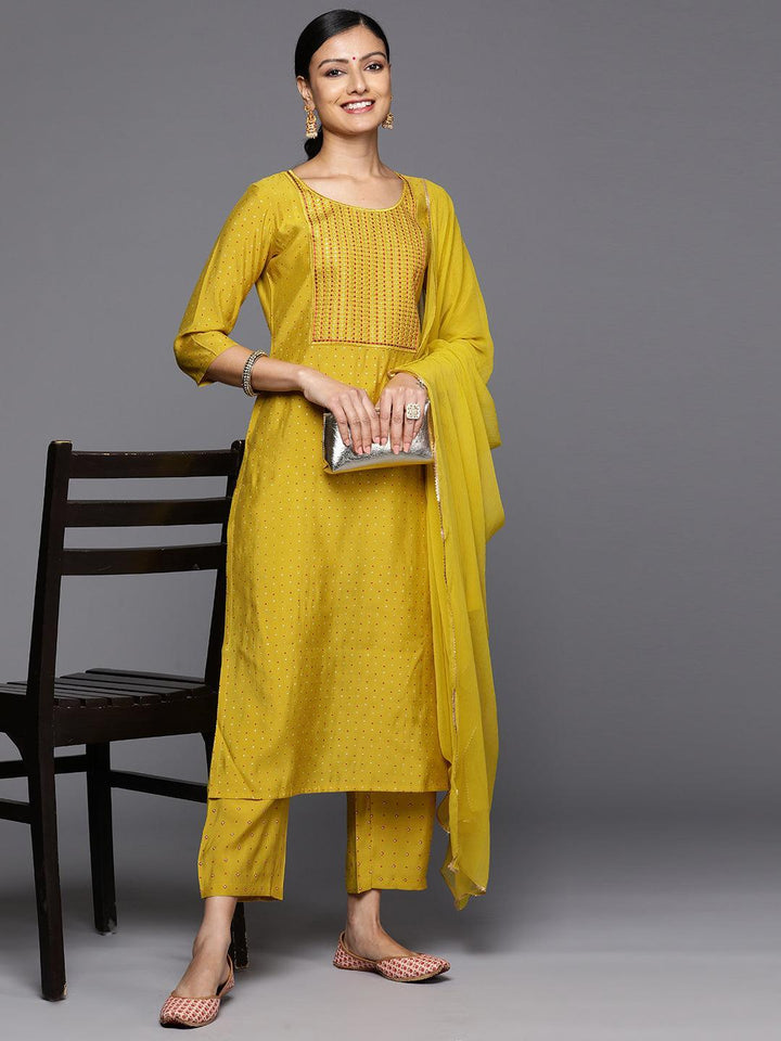 Yellow Printed Silk Blend Straight Kurta With Trousers & Dupatta