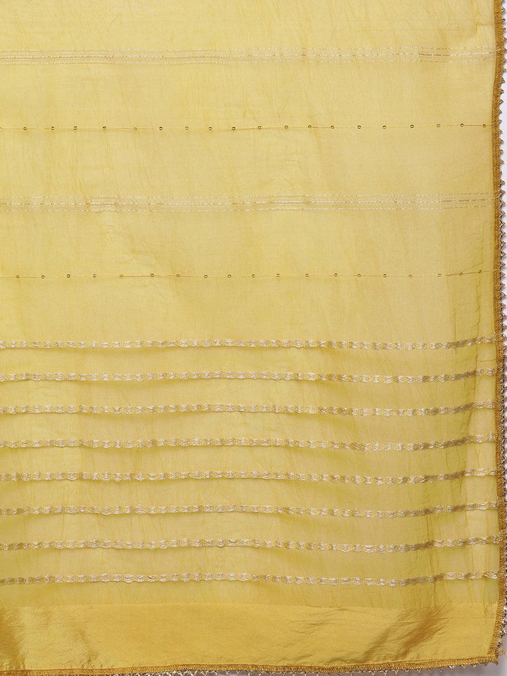 Yellow Printed Silk Blend Straight Kurta With Trousers & Dupatta