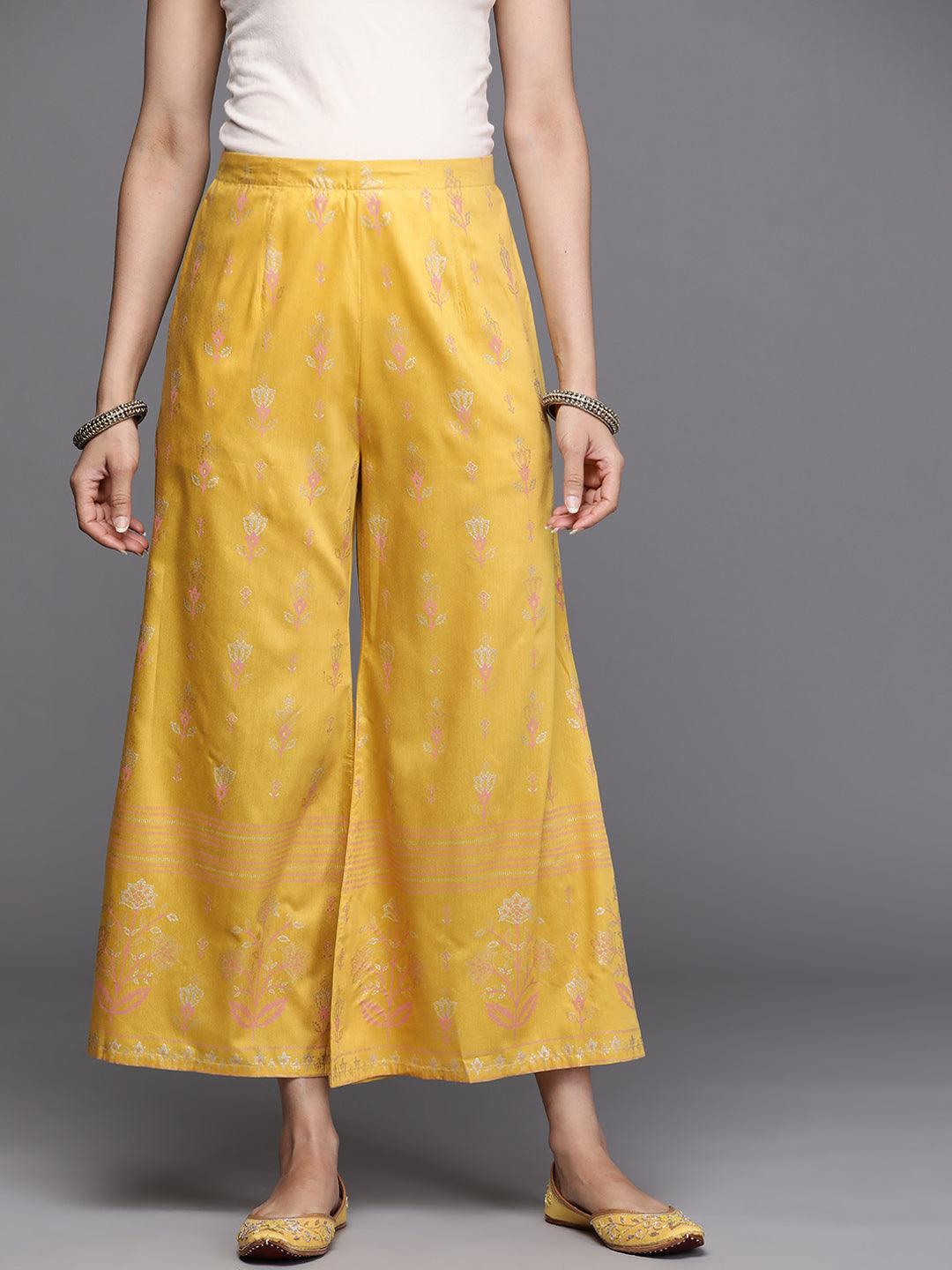 Yellow Printed Silk Palazzos - ShopLibas