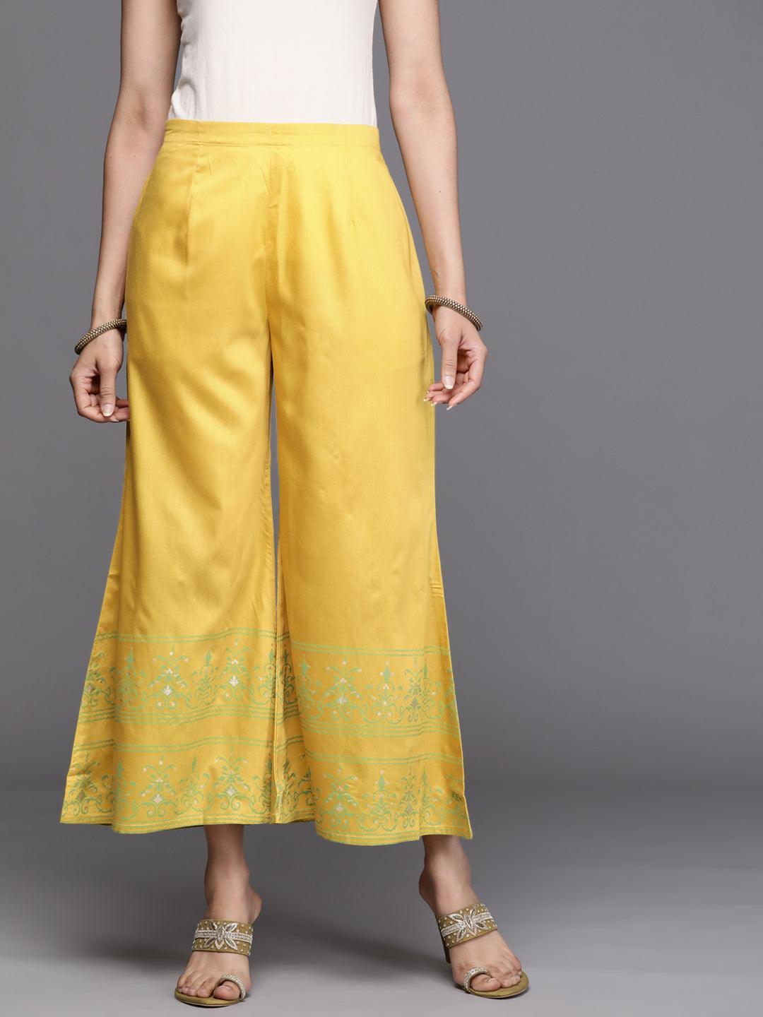 Yellow Printed Silk Palazzos - ShopLibas