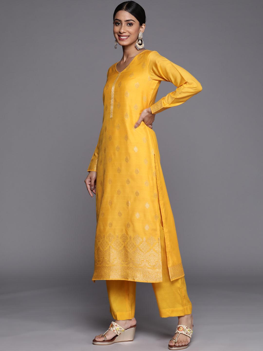 Yellow Self Design Silk Blend Straight Suit Set - ShopLibas