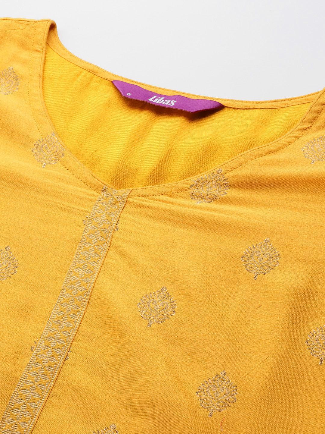 Yellow Self Design Silk Blend Straight Suit Set - ShopLibas