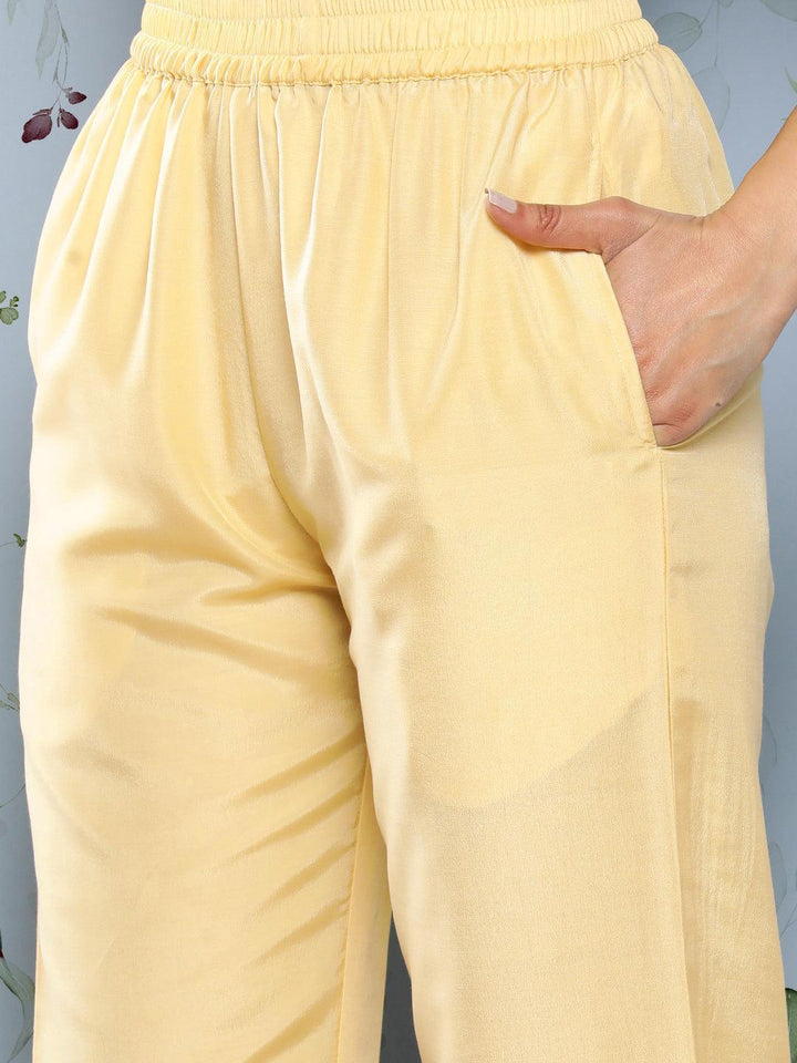 Yellow Self Design Silk Blend Suit Set With Trousers