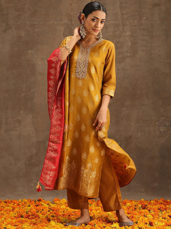 Yellow Self Design Silk Suit Set With Trousers
