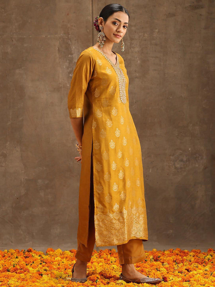 Yellow Self Design Silk Suit Set With Trousers