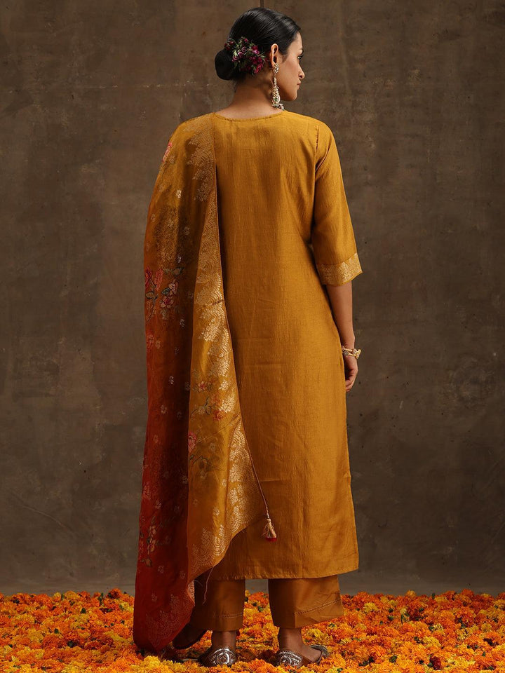 Yellow Self Design Silk Suit Set With Trousers